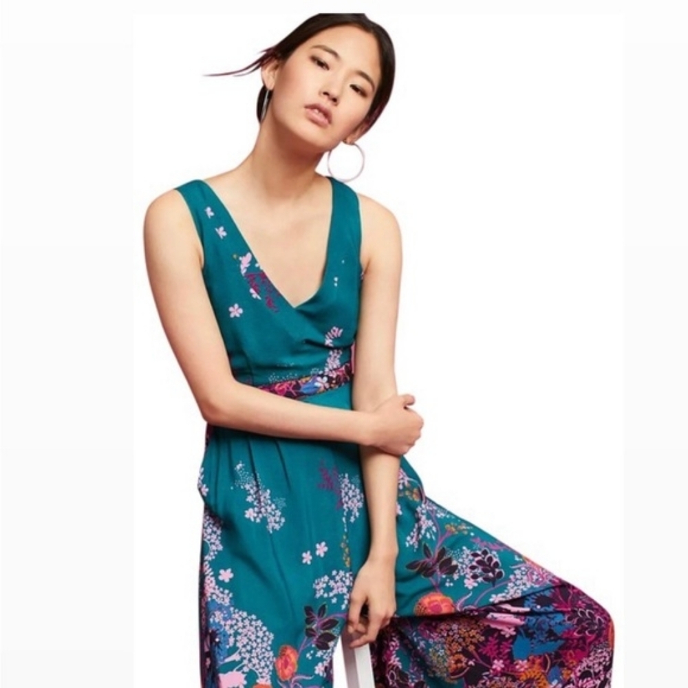 Maeve x Anthropologie 'Andalusia' Teal and Pink Floral Wide-Leg Jumpsuit, Size 8
